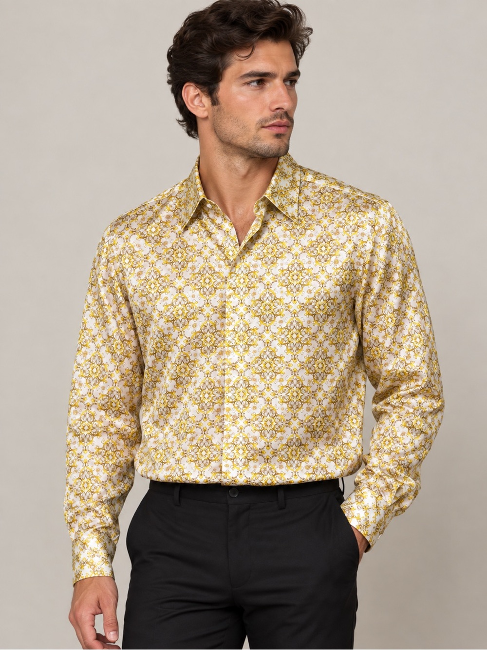 Men's Versace Gold Patterned Long-Sleeve Button Up Silk Dress Shirt - Sz XL